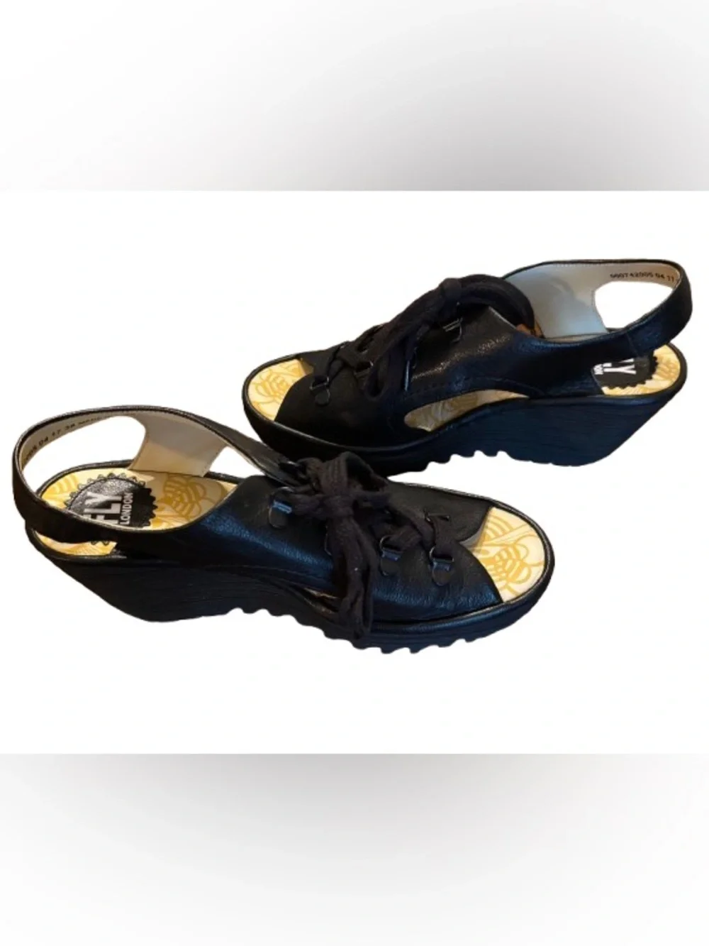 Fly London Ylfa Mousse Black Leather Lace-Up Wedge Sandals Size 38 (US 7.5-8)